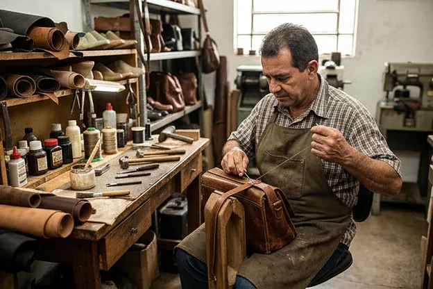 Bolsa de couro sendo reformada por um profissional especializado.