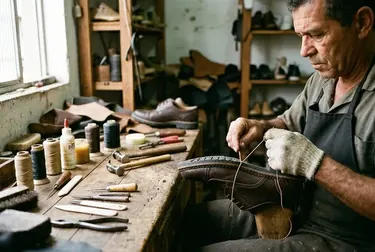 Sapato sendo costurado com ferramentas apropriadas em um ateliê.