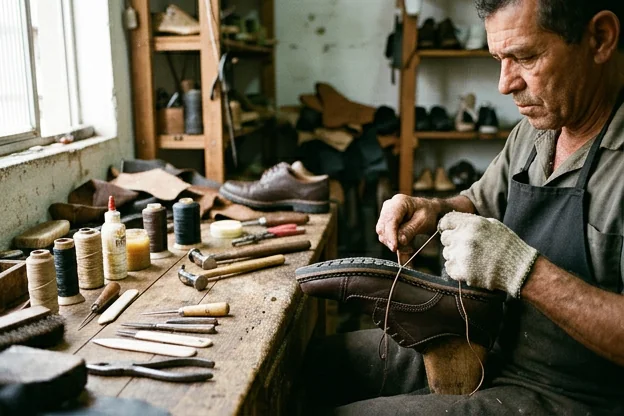 Sapato sendo costurado com ferramentas apropriadas em um ateliê.