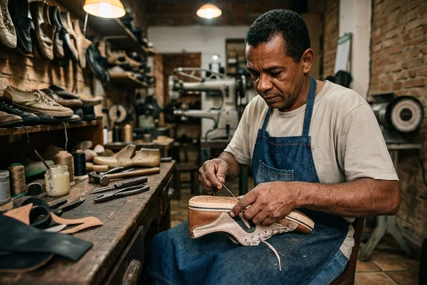 Tênis sendo reparado por um profissional em um ambiente de sapateiro.