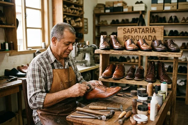 Sapatos reformados organizados em um ambiente de sapateiro.