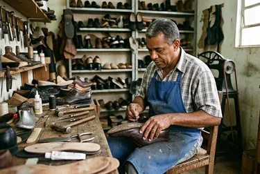 Sapato social sendo reformado por um profissional em um ateliê.