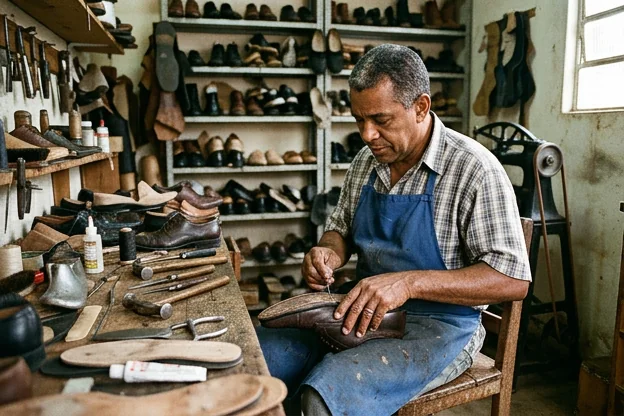 Sapato social sendo reformado por um profissional em um ateliê.